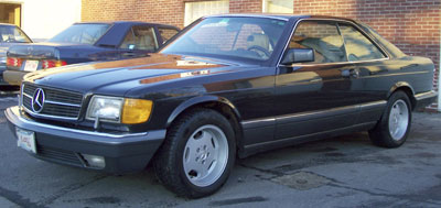 A beautiful 1991 Mercedes-Benz 560SEC in DB199 Black Pearl Metallic in for routine service, misc. interior trim replacement, and a new antenna mast.